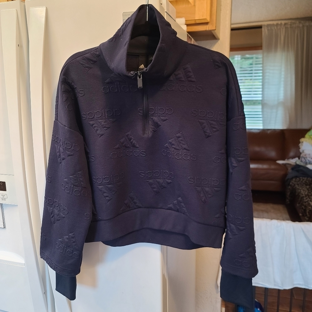 Adidas Aeroready Logo Jacquard Half Zip Navy Sweatshirt Etched Thumbholes Small - Picture 2 of 6